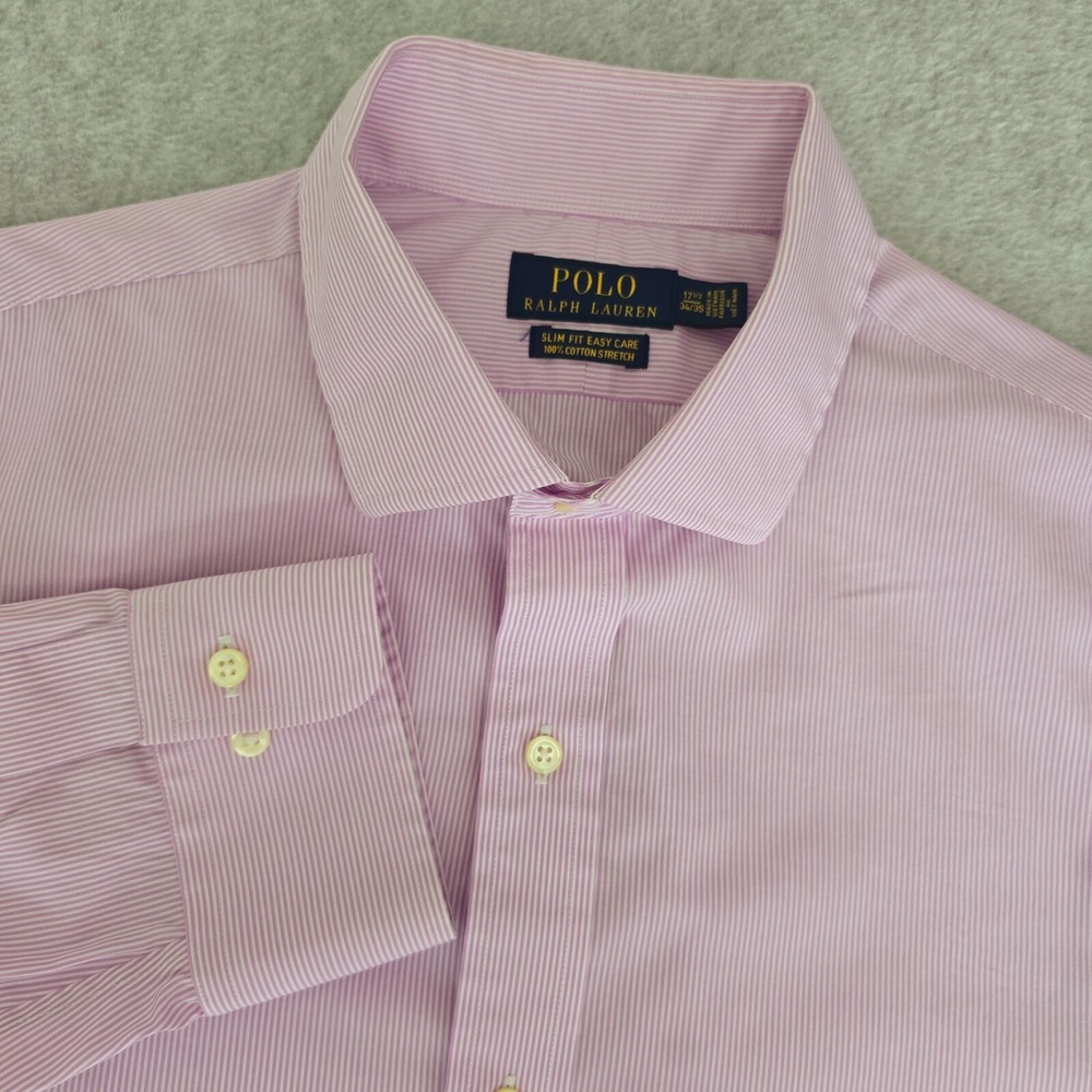 Polo Ralph Lauren Men's Slim Fit 17 1/2 Pinstripe Pink Button Up Shirt Preppy